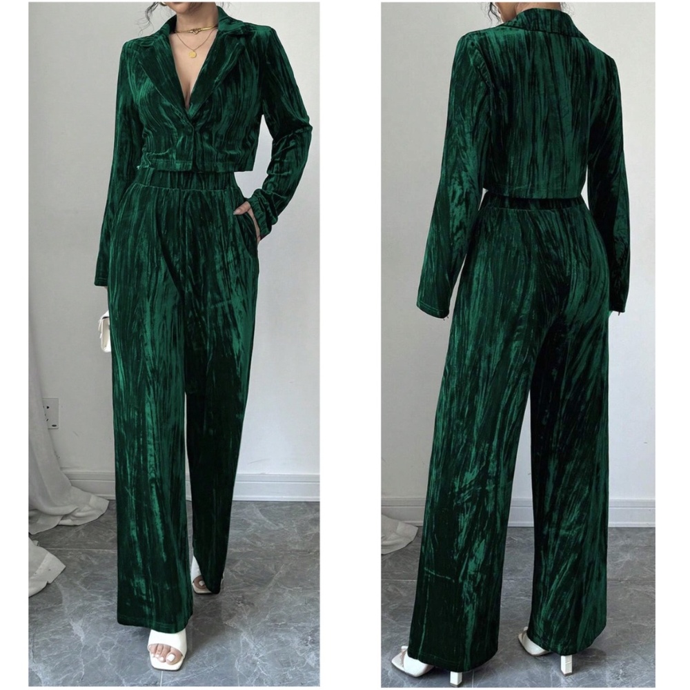 Luxe Green Velvet Button Cropped Blazer Stretchy Pants Wide Leg Pants Set - Picture 2 of 3